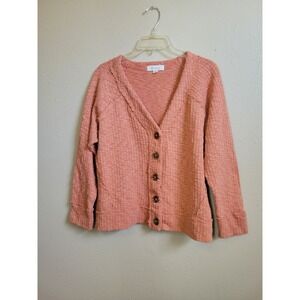 Two by Vince Camuto Peach Pink Vneck Button‎ Up Top Blouse Textured Sz L